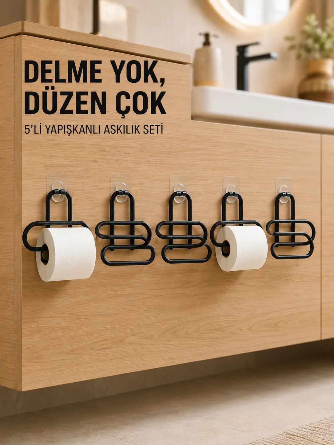 Siyah Metal Tuvalet Kağıdı Tutucu 5’li Set Yapışkanlı Duvar Tipi Banyo WC Askısı
