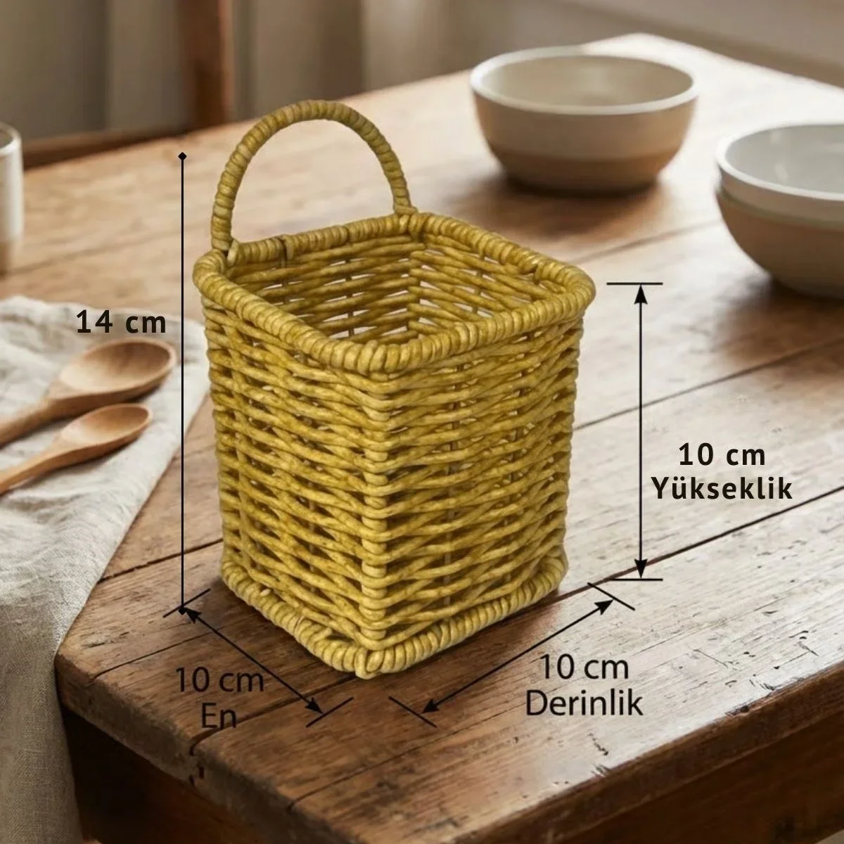 Kare Hasır Dokulu Plastik Rattan Kaşıklık & Çatallık – Askılı Kendiliğinden Tutmalı Çok Amaçlı Mutfak Organizeri görsel 5