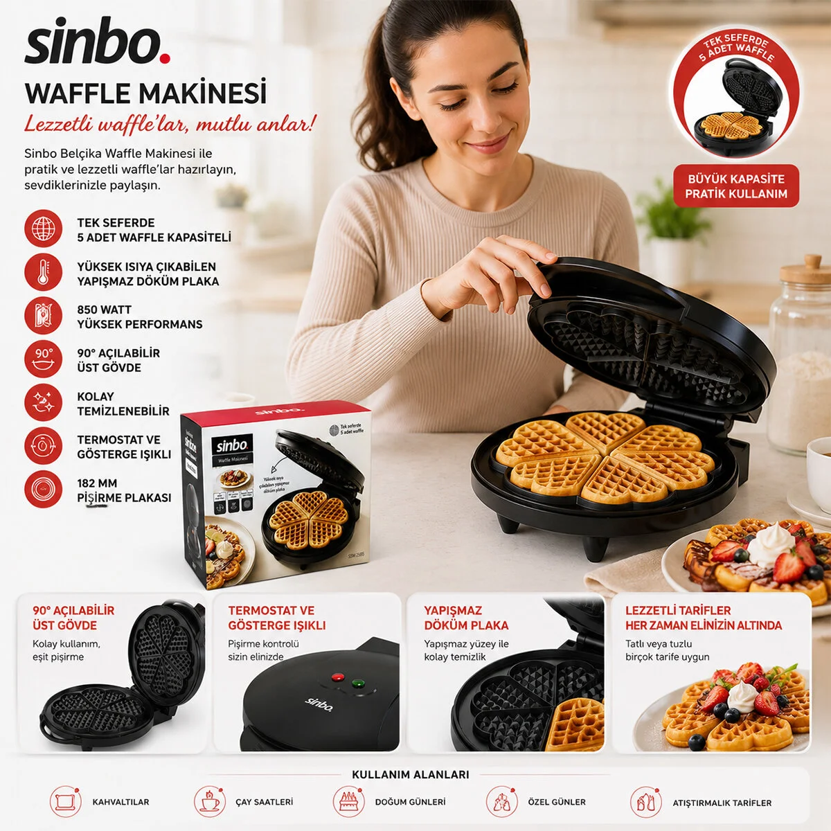 Döküm Belçika Waffle Makinesi Elektrikli 5 Waffle Yapışmaz Yüzey 850W SSM-2595 görsel 2