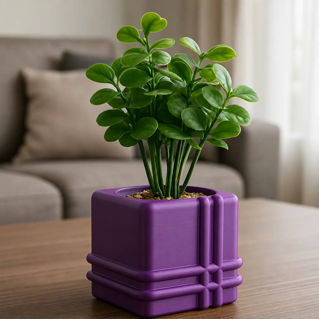 3D Baskı Square Planter - Izgara Desenli Küp Saksı-Mor görsel 2