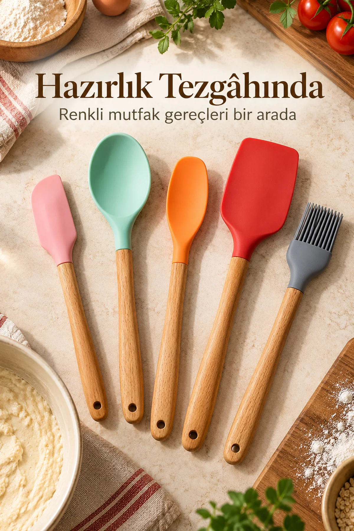 Mutfak Gereçleri Seti Ahşap Görünümlü Saplı Renkli Başlıklar görsel 4