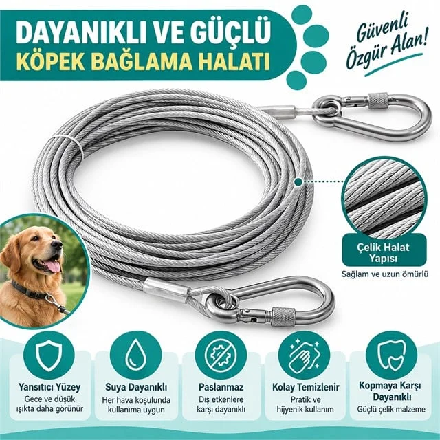 SN-38108 10 Metre Çelik Köpek Bağlama Halatı Kilitli Karabina PVC Kaplamalı görsel 2