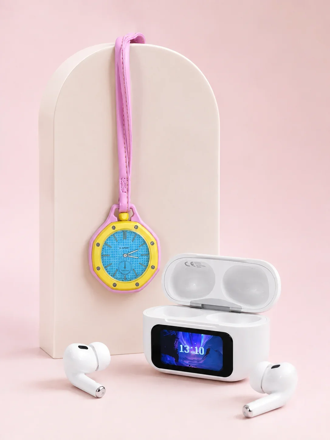 Bluetooth 5.4 Kablosuz Kulaklık Pembe Askılı og Charm Saat İkili Set görsel 3