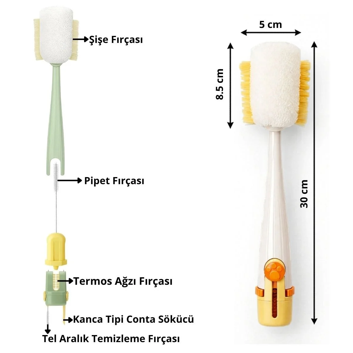 5’i 1 Arada Çok Amaçlı Şişe Tezleme Fırçası – Sürahi, Kavanoz, Pipet, Kapak, Emzik ve Biberon Tezlik Seti görsel 5