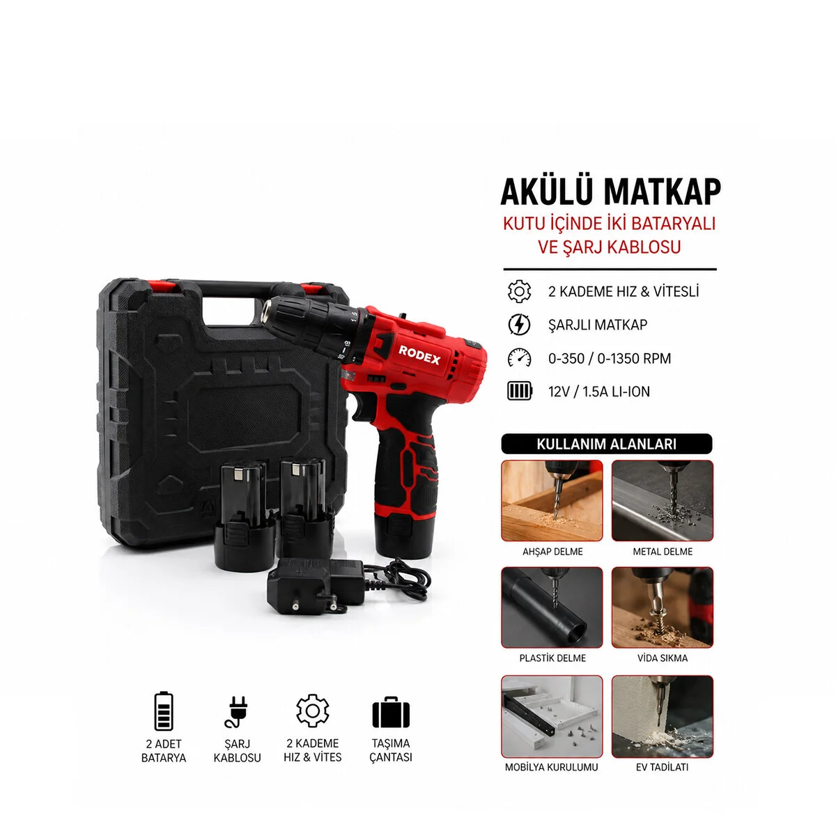 2 Kademe Hız - Vitesli Şarjlı Matkap 0-350 / 0-1350 Rpm 12V / 1.5A Lı-ıon RDX-3322