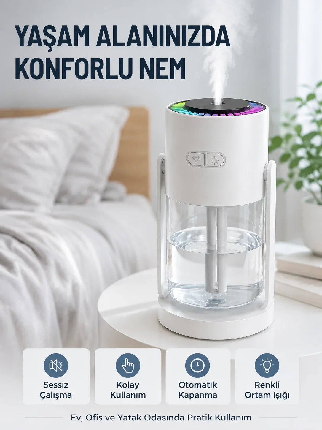 Ultrasonik Hava Nemlendirici Renkli LED Işıklı Sessiz Oda Nemlendirme Cihazı görsel 4