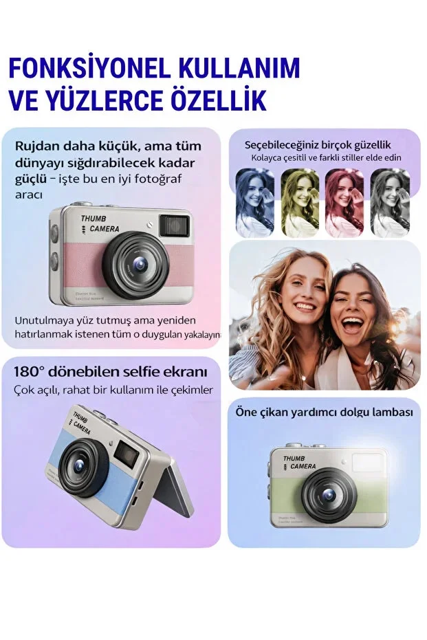 Retro ni Dijital Kamera 1080P 1.47 İnç Flip Ekranlı Flaşlı Selfie Vlog Kamerası 4GB SD Hediyeli Pembe görsel 3