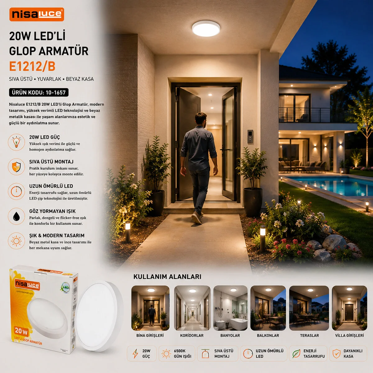 20W BEYAZ METAL KASA SIVA ÜSTÜ YUVARLAK LEDLİ GLOP ARMATÜR IP20 6500K - 1800Lm E1212/B görsel 3