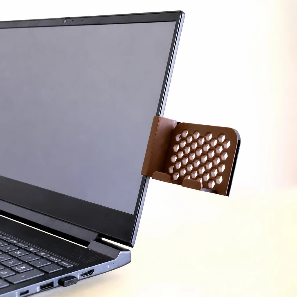 3D Baskı Monitor Telefon Tutucu - Petek Desenli Laptop Kenar Telefon Tutucu-Kahverengi görsel 2