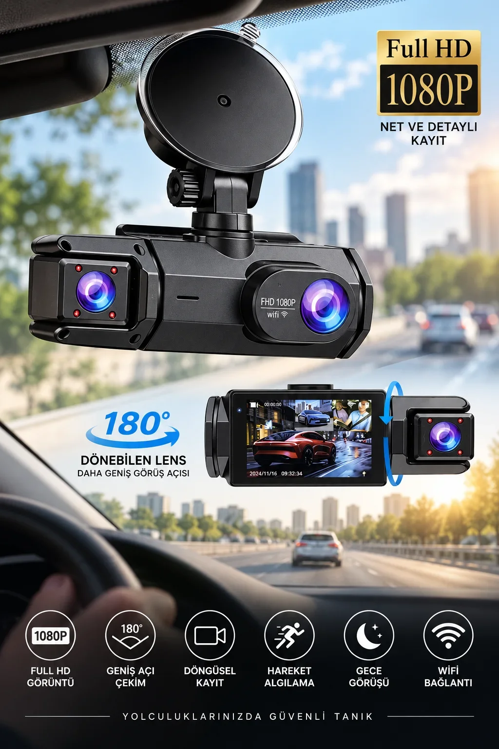Ön Arka Kayıt 1080P Full HD 180° Geniş Açı Şarjlı Kullanım görsel 3