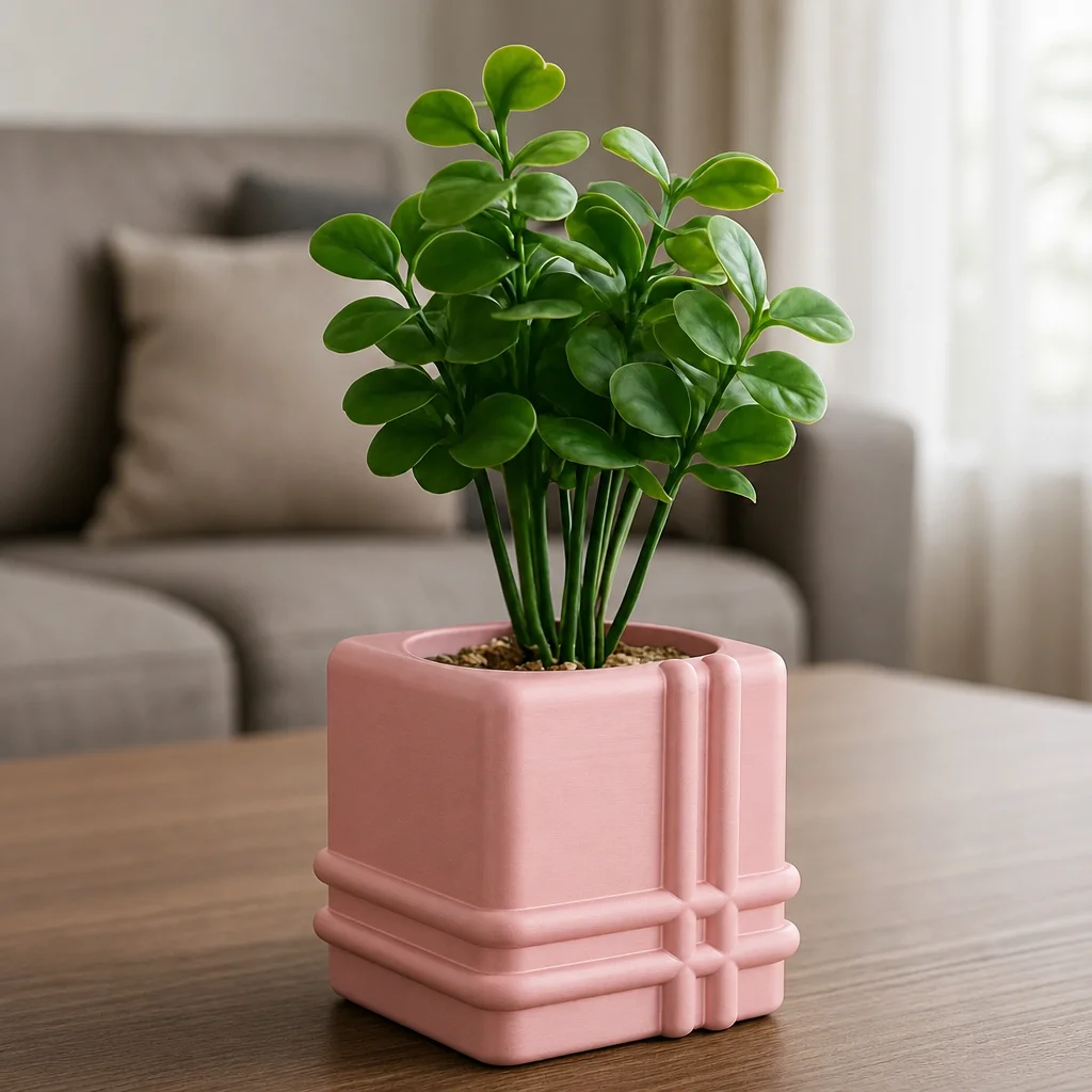 3D Baskı Square Planter - Izgara Desenli Küp Saksı-Pembe görsel 2
