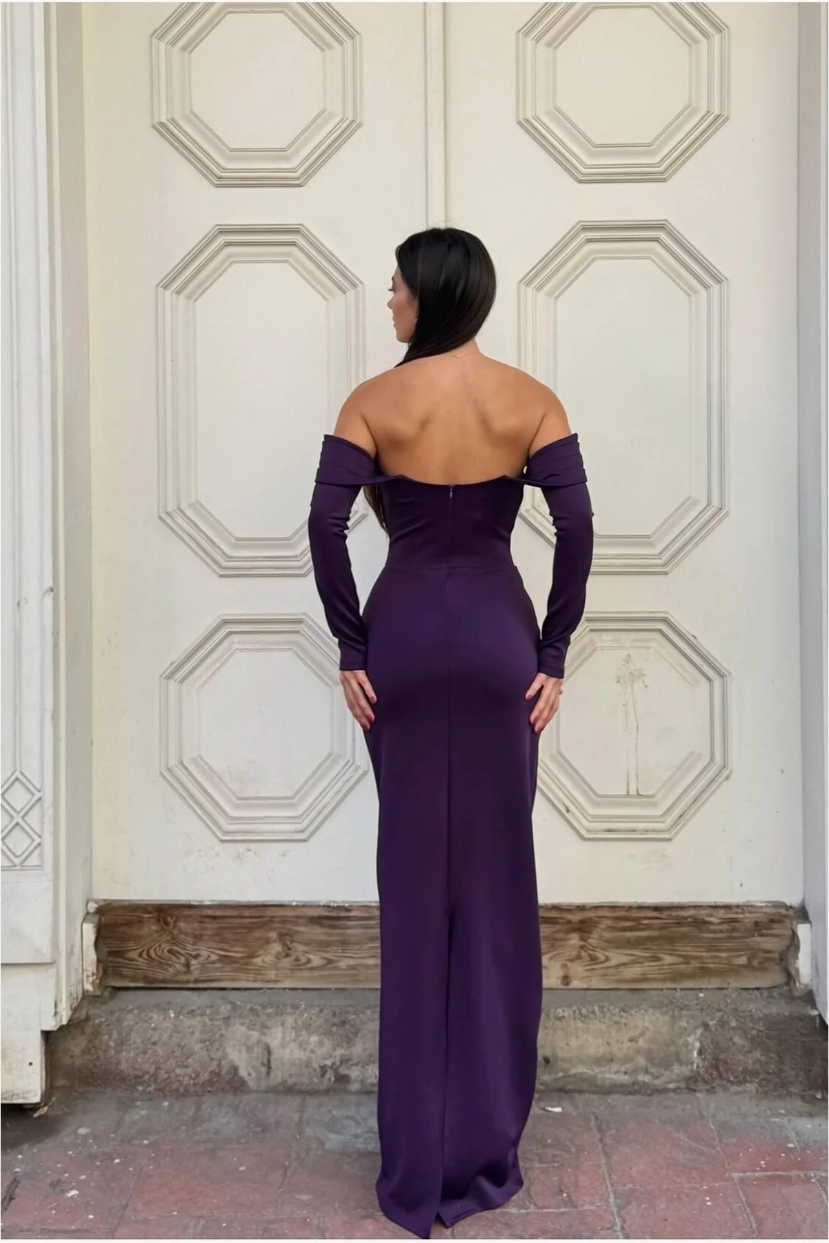 Kadın Modern Dik Yaka Payetli Maxi Uzun Kollu Abiye Elbise