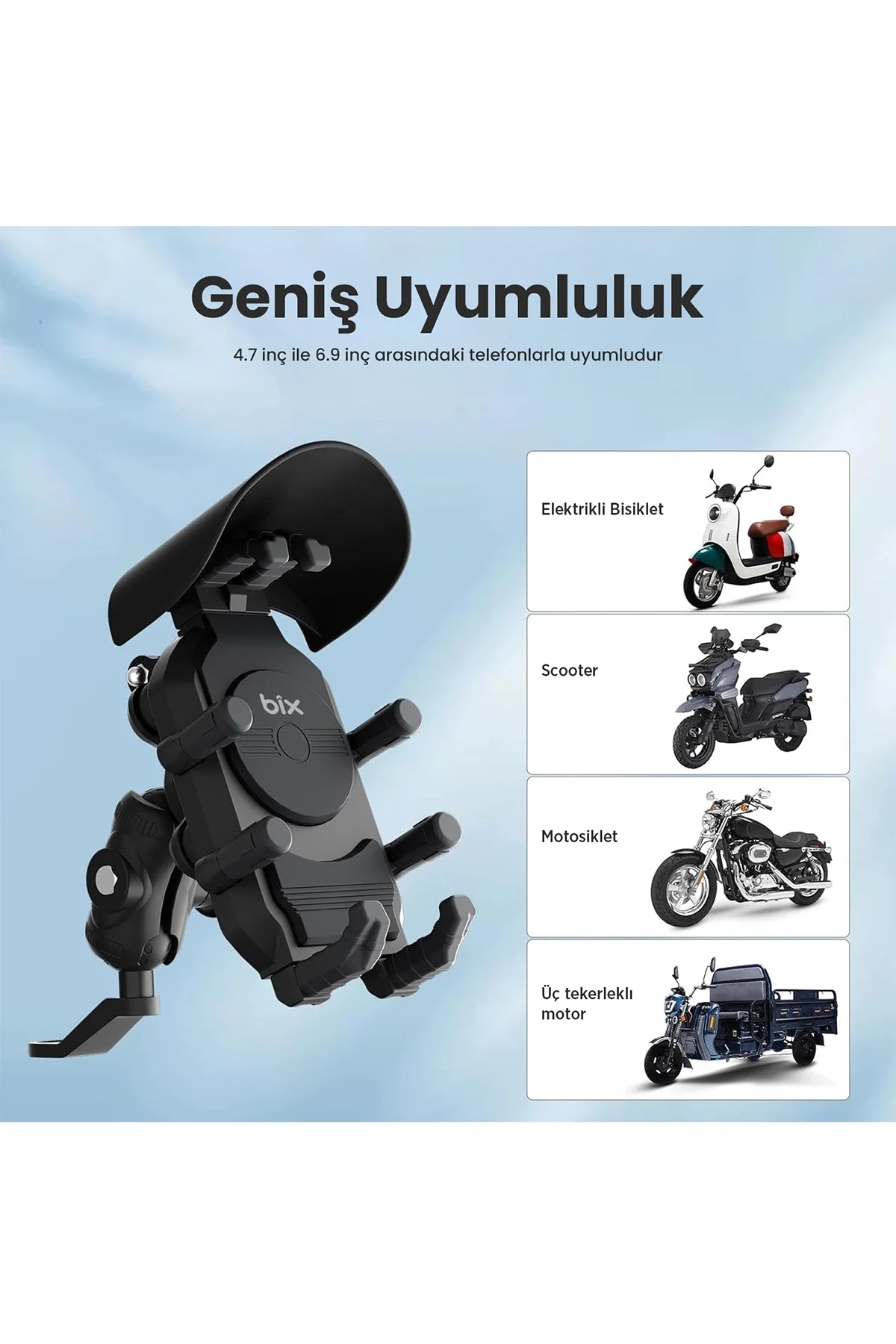 Ayna Bağlantılı Güneş ve Yağmur Korumalı 360° Derece Ayarlanabilir Motosiklet Telefon Tutucu görsel 7