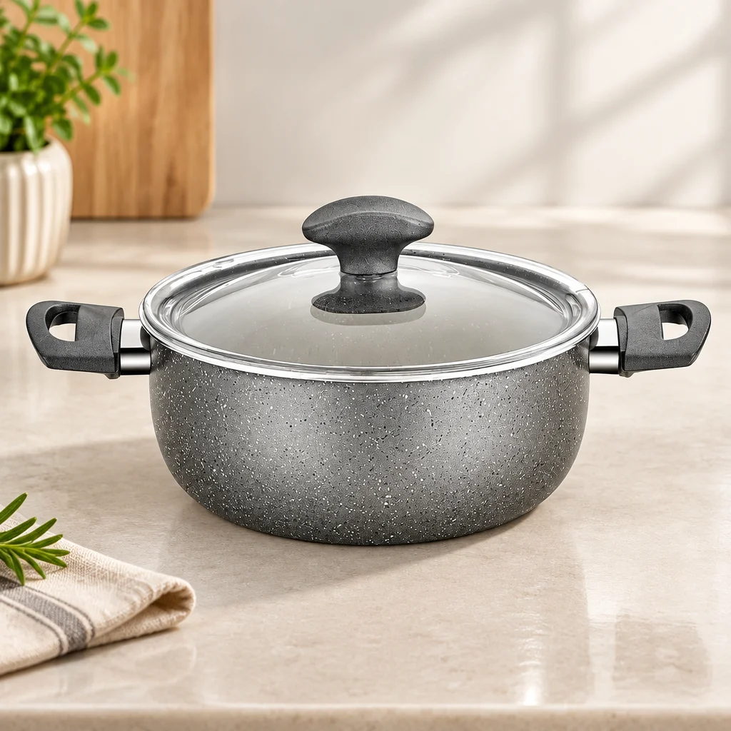 Granit Kaplamalı Derin Tencere 22 cm Cam Kapak