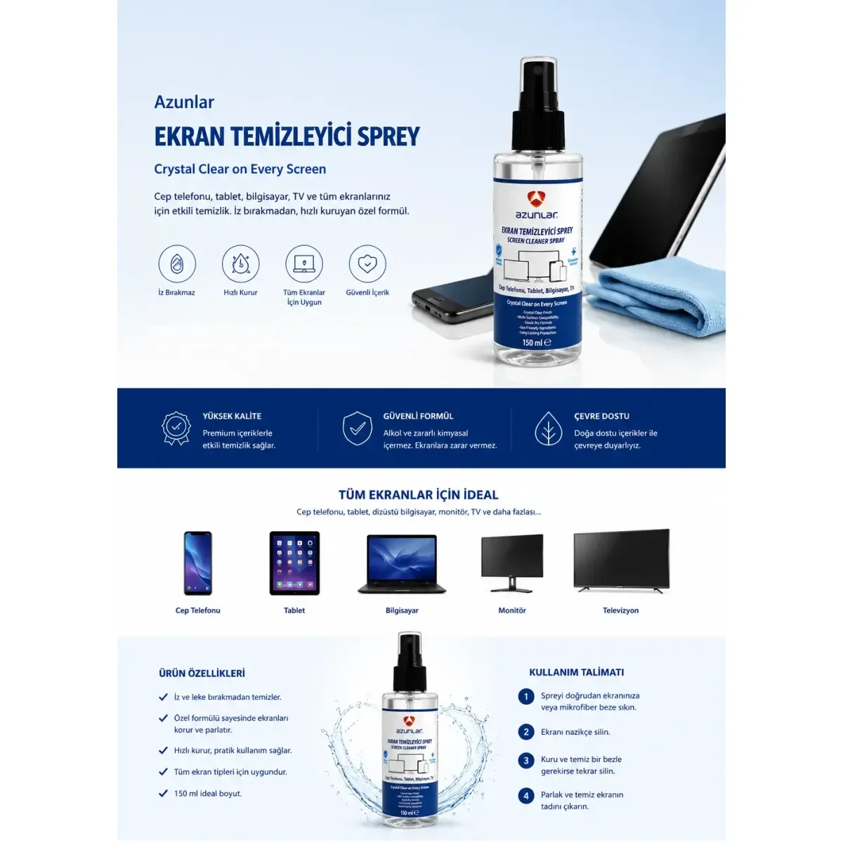 Ekran Temizleme Sprey 150 ml görsel 3