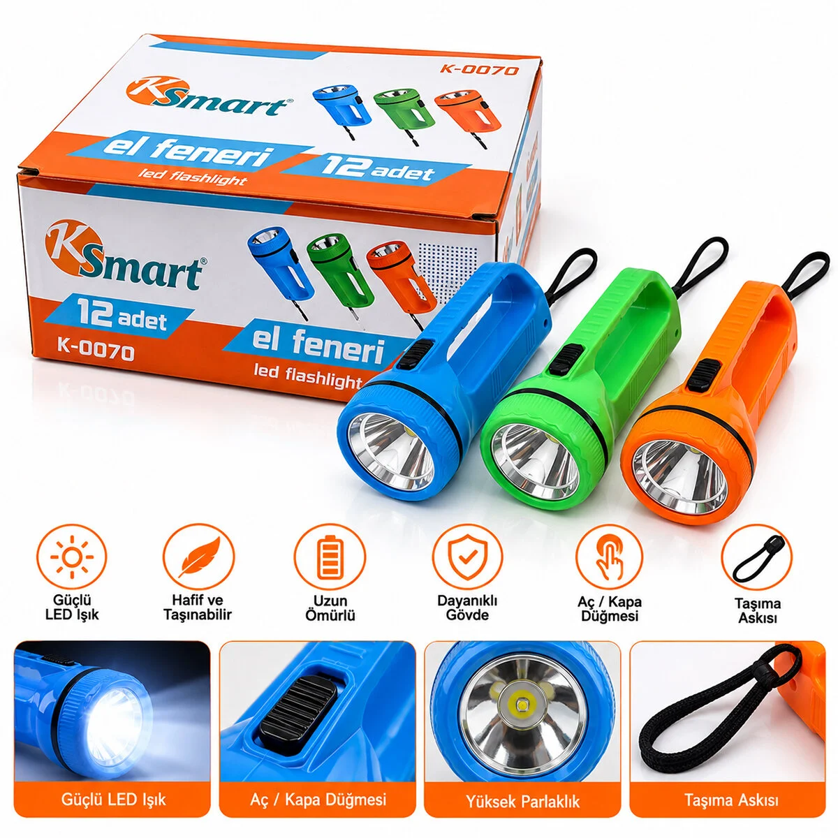 12 Adet Led El Feneri 2XAA Pilli Renkli Plastik K-0070