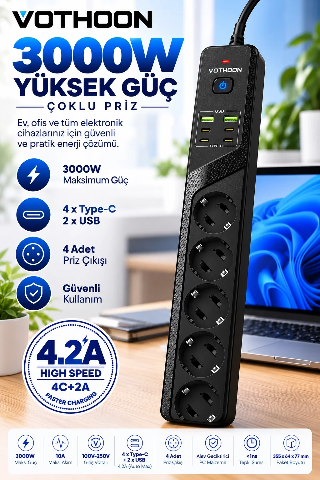 4’lü Akım Korumalı Çoklu Priz 4 Type-C 2 USB Girişli 4.2A Hızlı Şarj Destekli Priz 3000W görsel 3