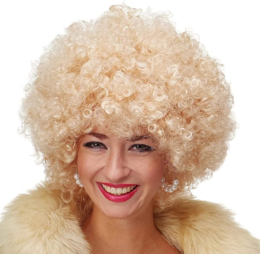 Altın Renk Kıvırcık Afro Bonus Peruk Saç Parti Peruğu Platin Gold görsel 2