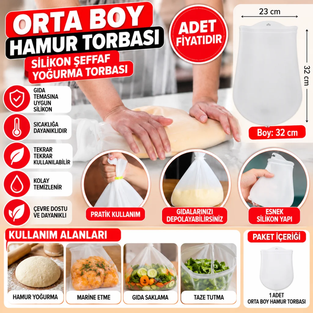 Orta Hamur Torbası Silikon Şeffaf Hamur Yoğurma Torbası Ekmek Makarna Mantı Hamuru Kolay (adet fiyatıdır)