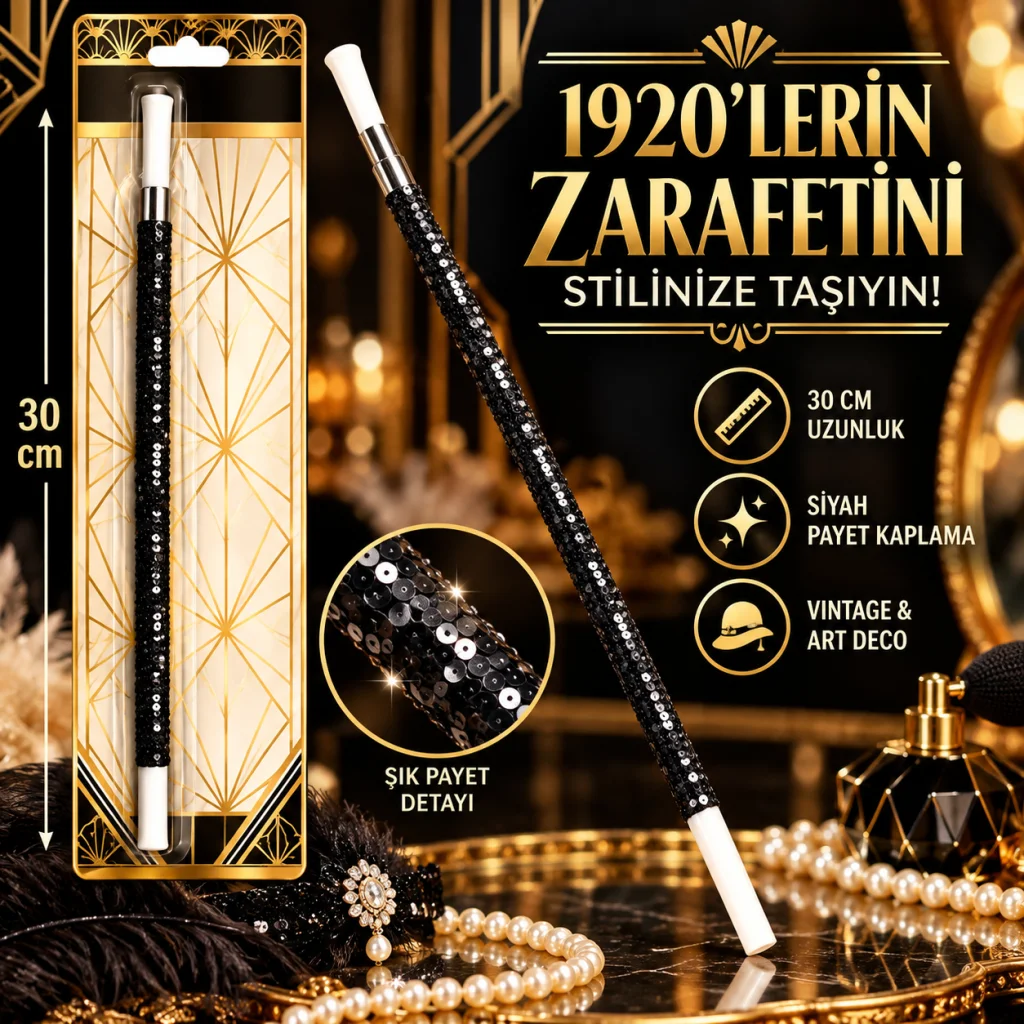 30 cm Siyah Payetli Tutacağı – 1920’ler Gatsby Parti Aksesuarı