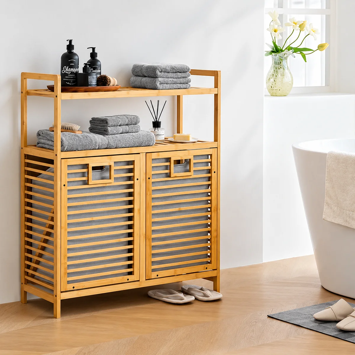 Bambu Kirli Çamaşır Sepeti 2 Bölmeli 2 Kat Organizer 80x33x87 cm görsel 6