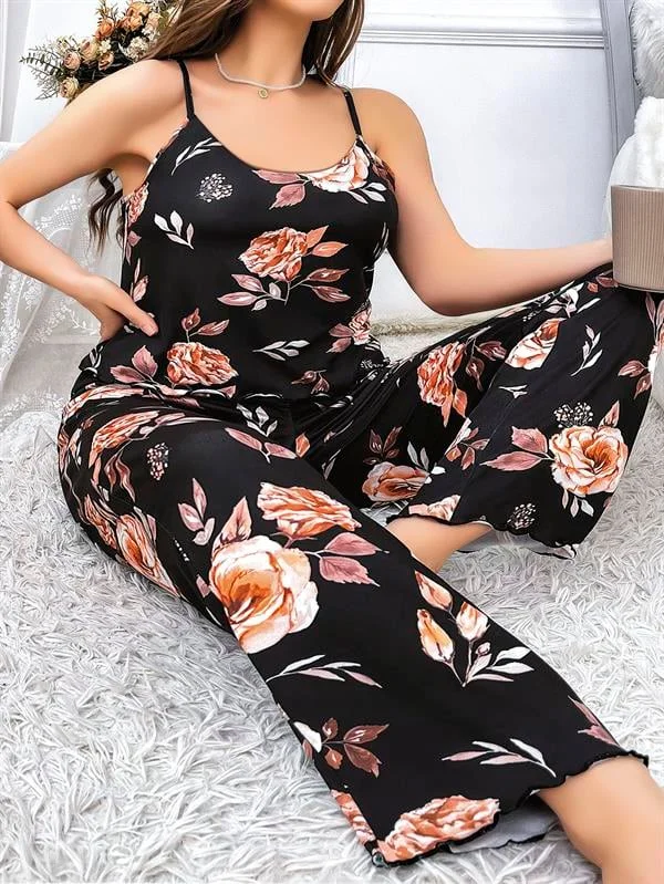 Büyük Beden Siyah Üstüne Çiçek Desenli İnce Askılı 2'li Pijama Takımı