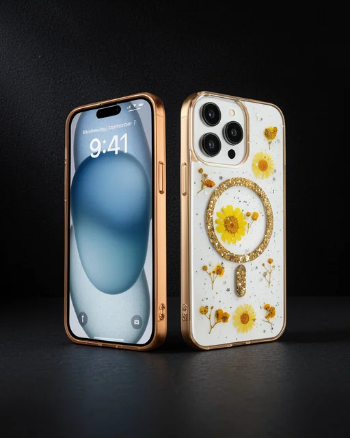 Apple İphone 14 Pro Max Kılıf Daisy Simli Magsafe Kapak - Gold