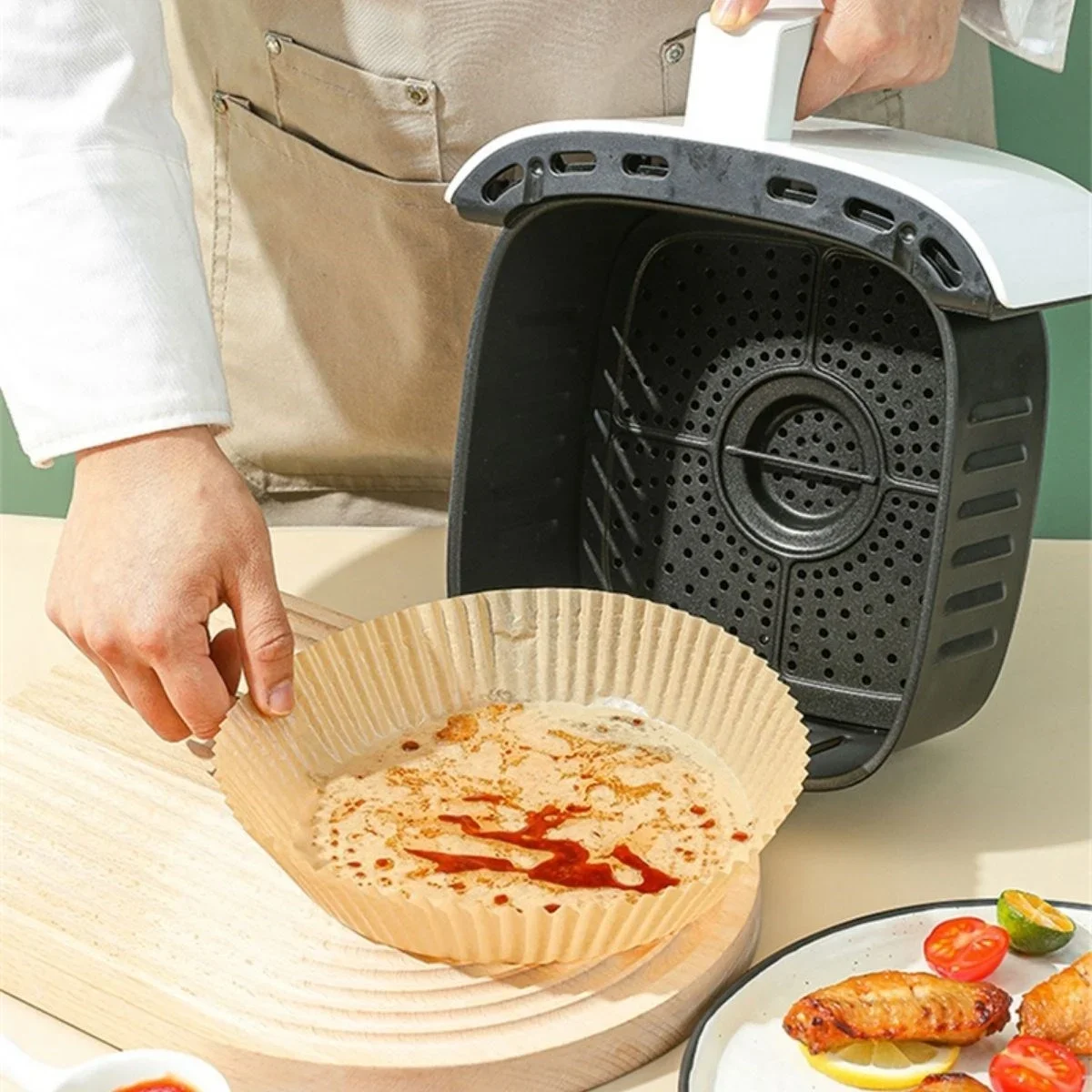 50 Adet 20 cm Air Fryer Pişirme Kağıdı Tek Kullanımlık Yağ Geçirmez Yuvarlak Tabak Model PVC görsel 6