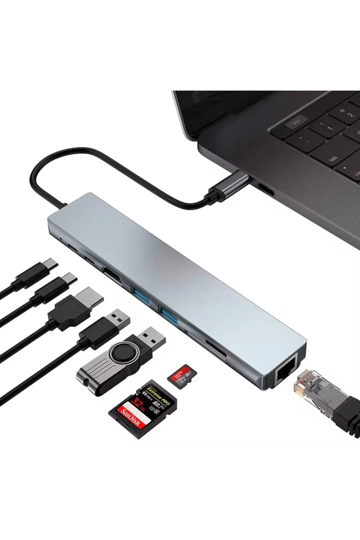 Type-C Çoklu Dönüştürücü – 87W PD, HD, 2x USB 3.0, RJ45, SD/TF Kart Girişli Hub görsel 3