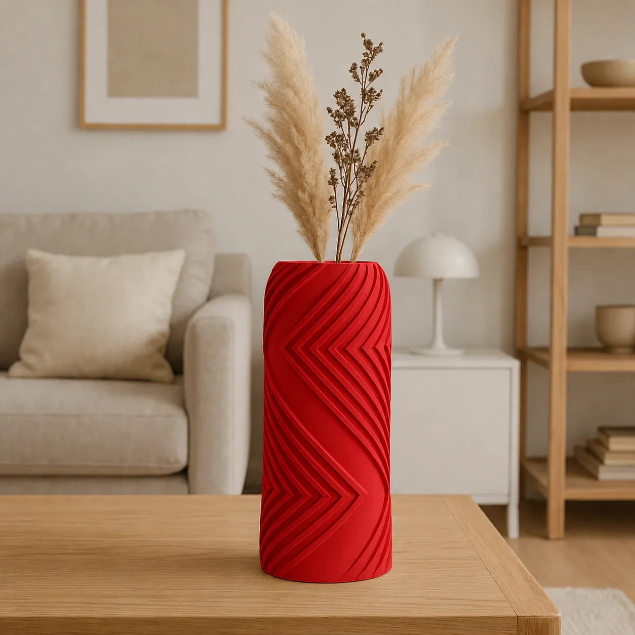 3D Baskı Vector Vazo - Geometrik Çizgili Dekoratif Vazo-Kırmızı