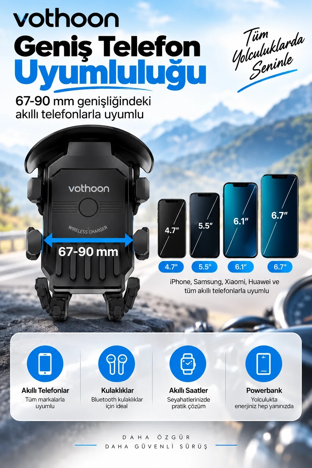 Şarjlı Motosiklet Telefon Tutucu Güneş ve Yağmur Korumalı 15W Kablosuz 360° Döner Gidon ve Ayna Bağlantılı görsel 3