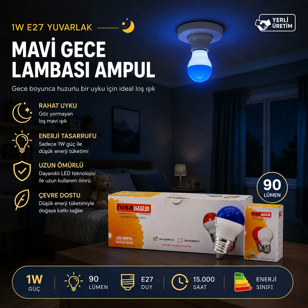 10 Adet 1W E27 Mavi Yuvarlak Gece Lambası Led Ampul EAMP-075