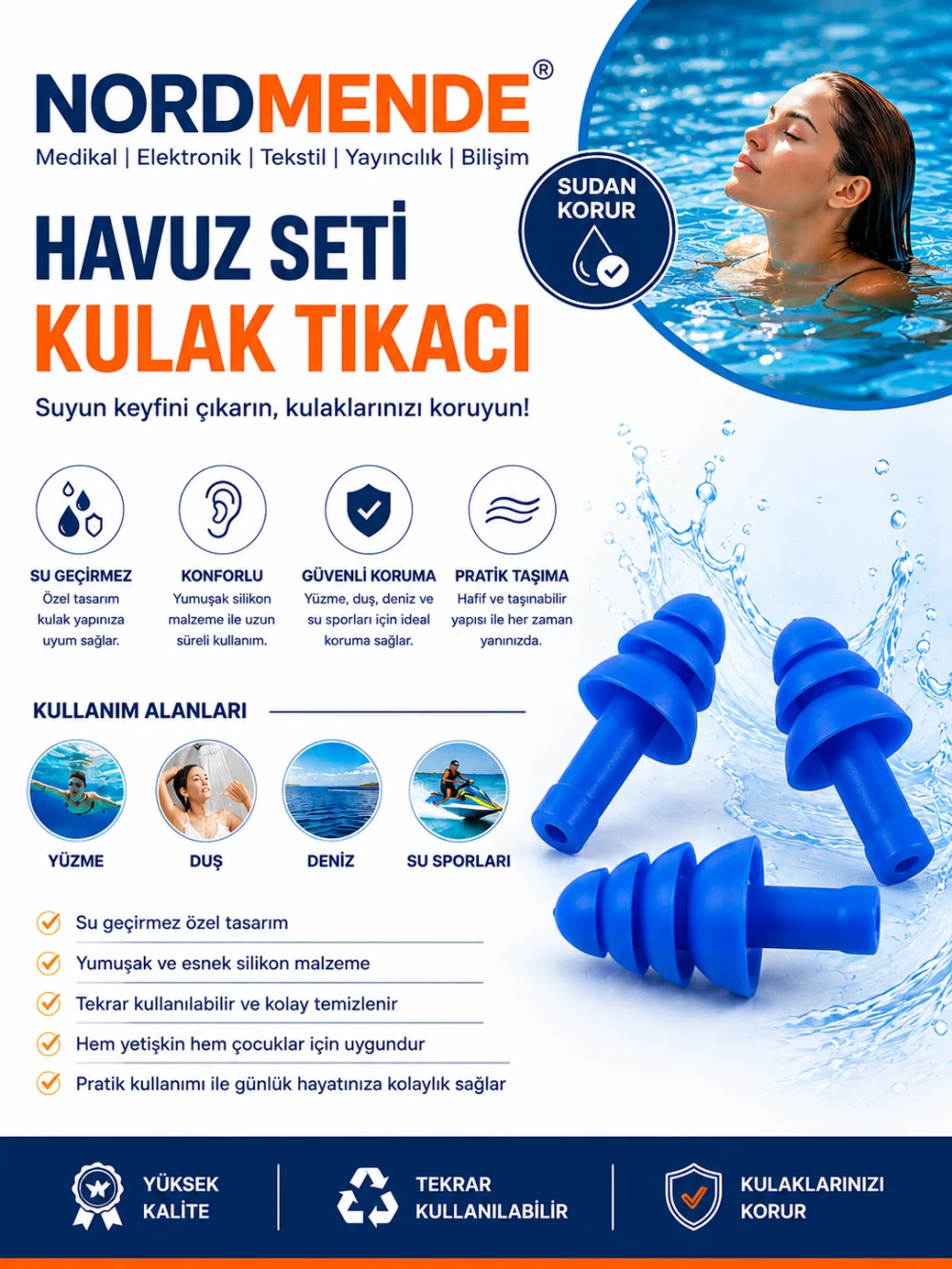 NORDMENDE Havuz Seti Silikon Kulak Tıkacı Su Sporları Yüzme Deniz Duş İçin Su Geçirme Engel Tıkaç görsel 3