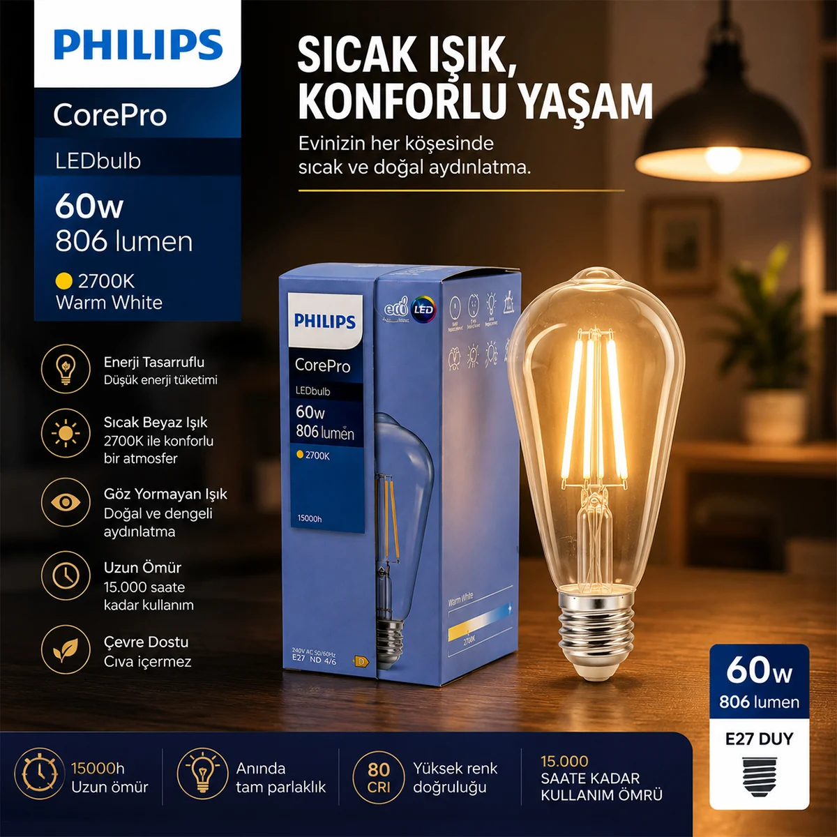 LED filament ampul ST64 E27 2700K 7W cam gövde görsel 3