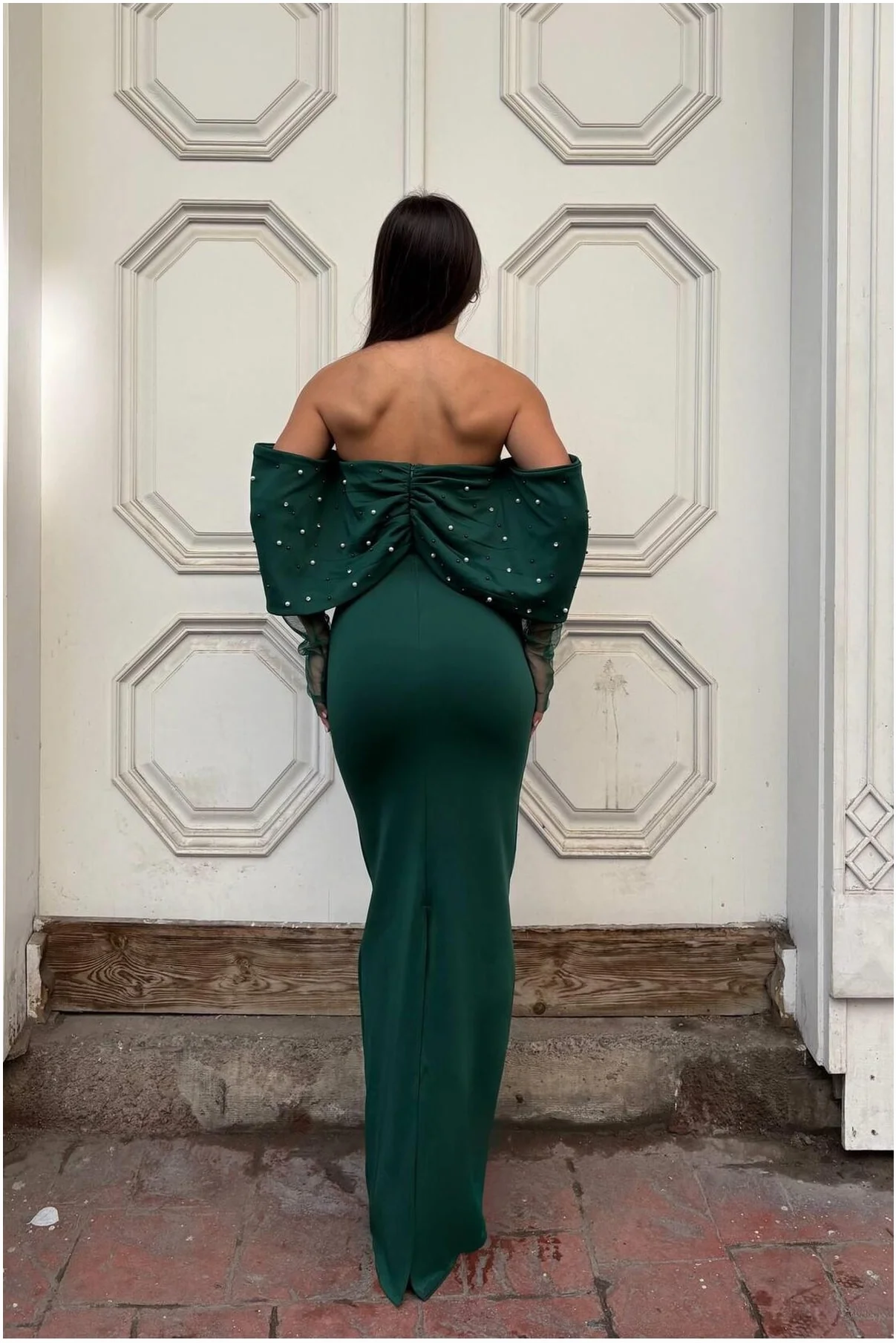 Kadın Trend Model Esnek Tül Kumaş Straplez Abiye Elbise görsel 3