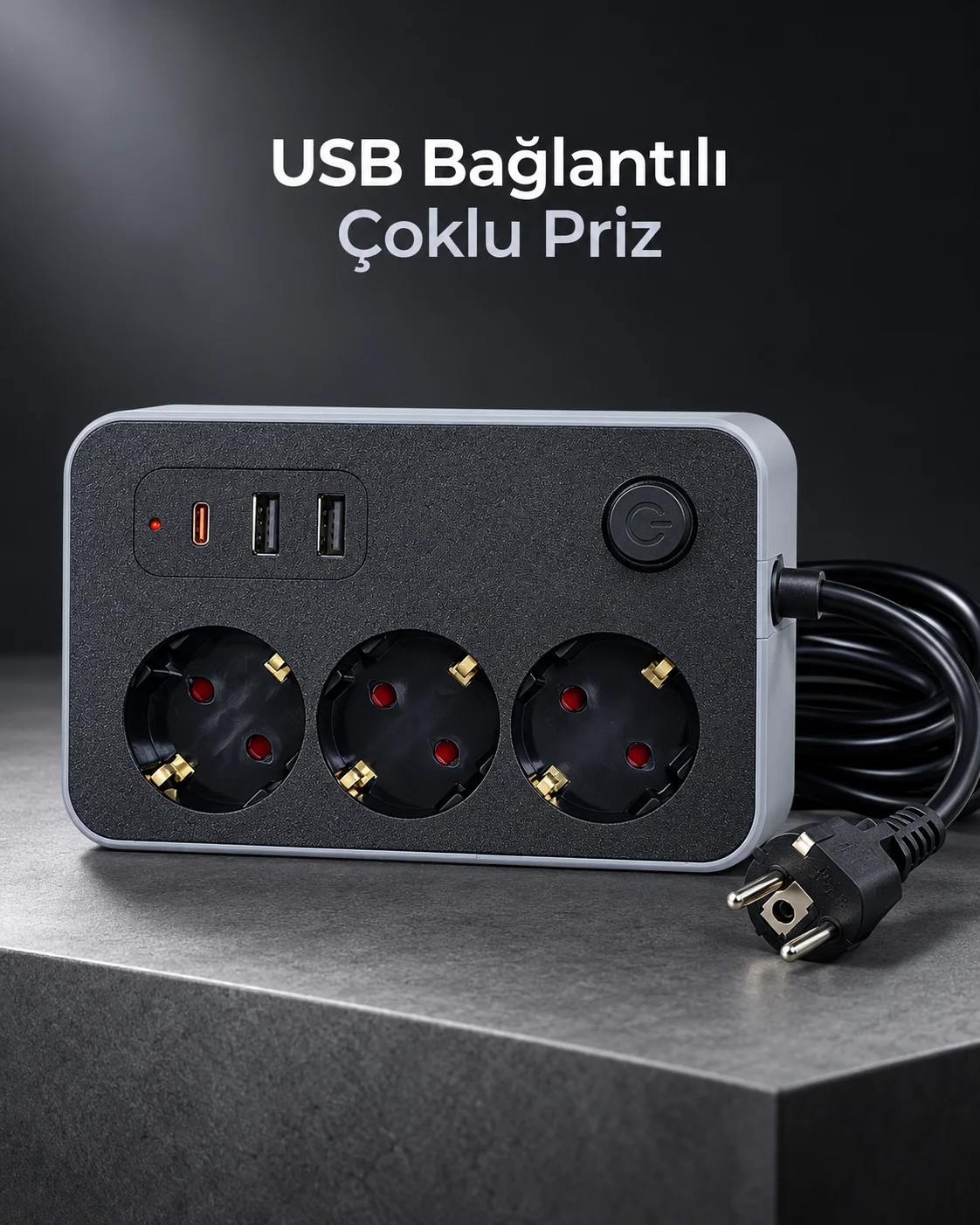 Çalışma Alanlarına Uygun Anahtarlı USB ve Type C Şarj Çıkışlı Kablolu Çoklu Priz