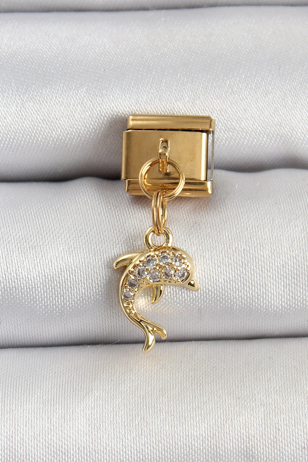 316L Çelik Sallantılı Zirkon Taşlı Yunus Balığı Model Gold Renk Nonation Charm