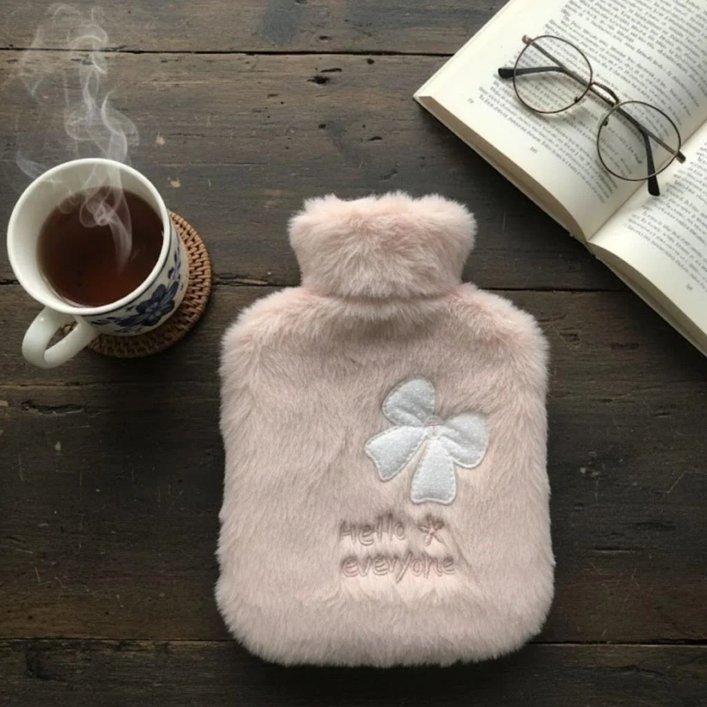 Hello Everyone Yazılı Kurdeleli Pembe Peluş Sıcak Su Torbası 1 Lt – Yumuşak Kılıf, Uzun Süre Sıcak Tutan Termal Su Torbası görsel 2