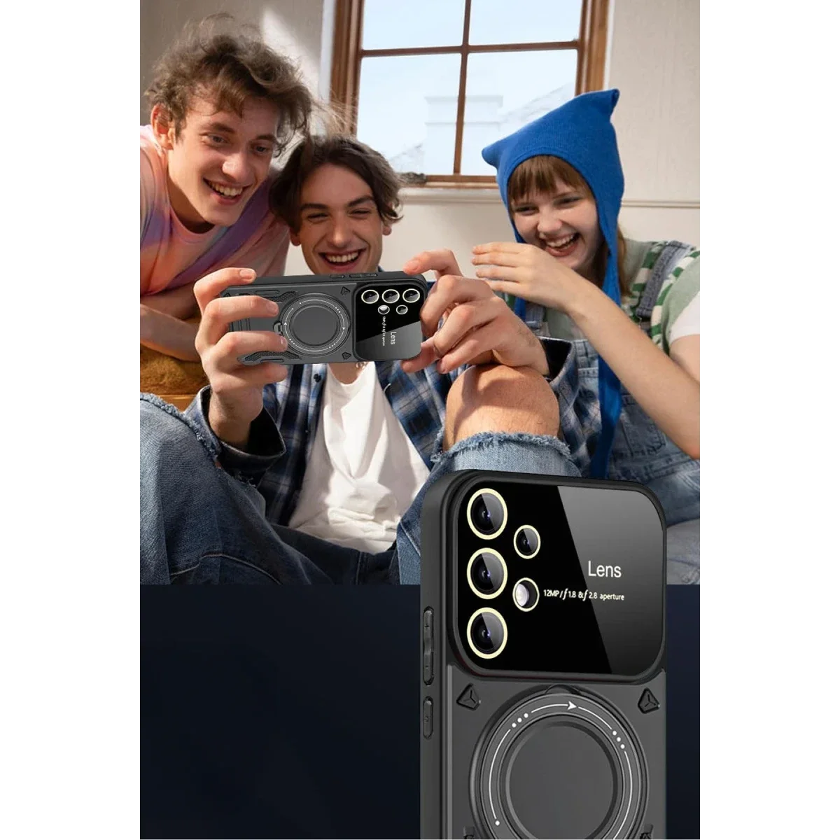 Samsung Galaxy S25 Ultra Kılıf Joy Lens Standlı Kapak - Siyah görsel 2