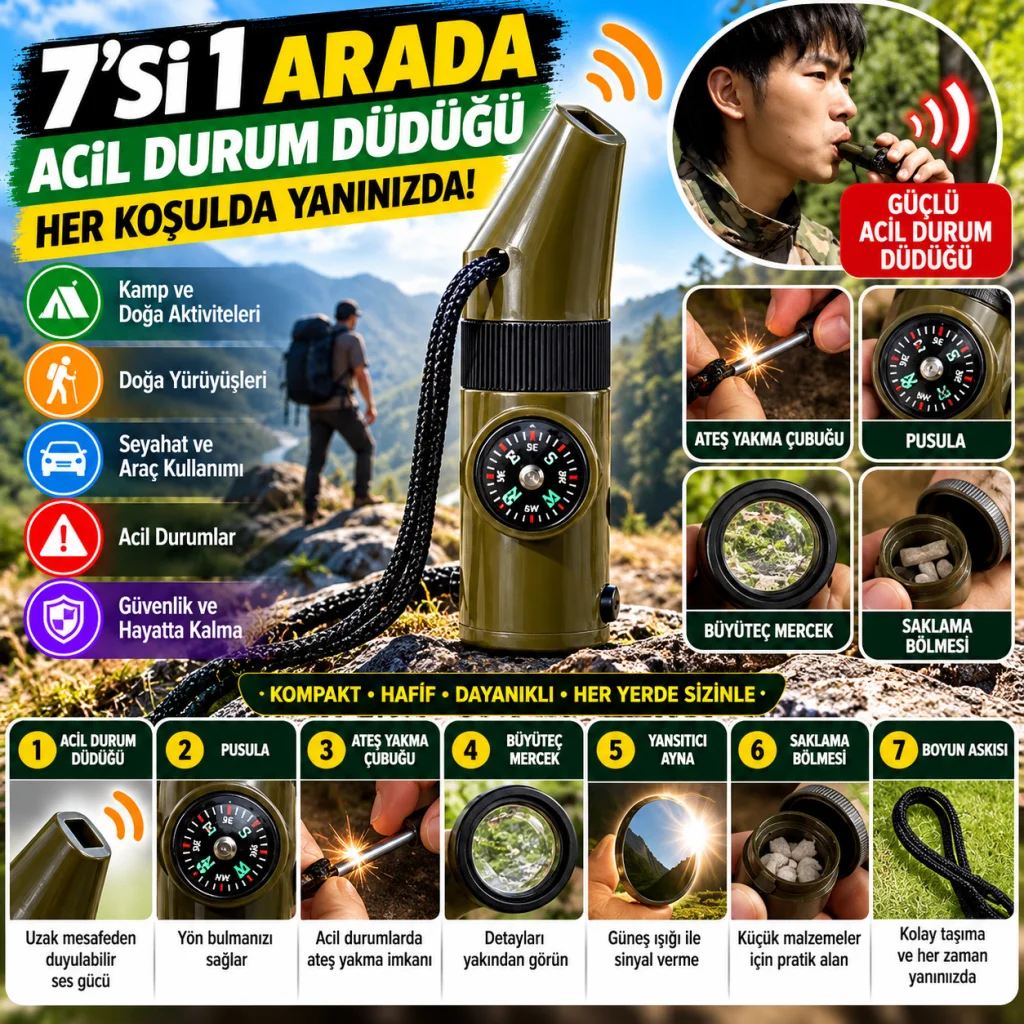 7si 1arada Acil Durum Düdüğü,El Feneri, Termometre,Pusula,Büyüteç,Depolama Bölmeli Kampçı Düdüğü