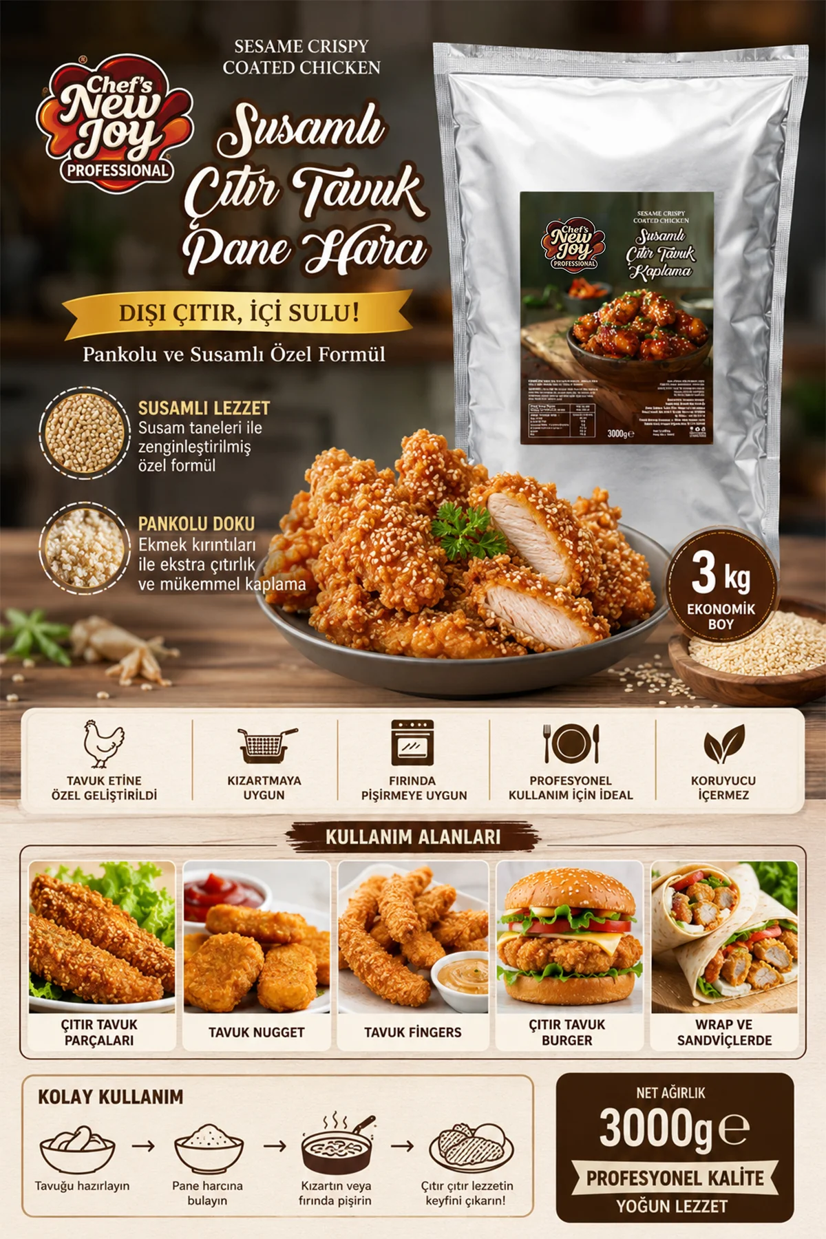 Susamlı Çıtır Tavuk Harcı 3000 gr Pankolu Pane Harcı görsel 3