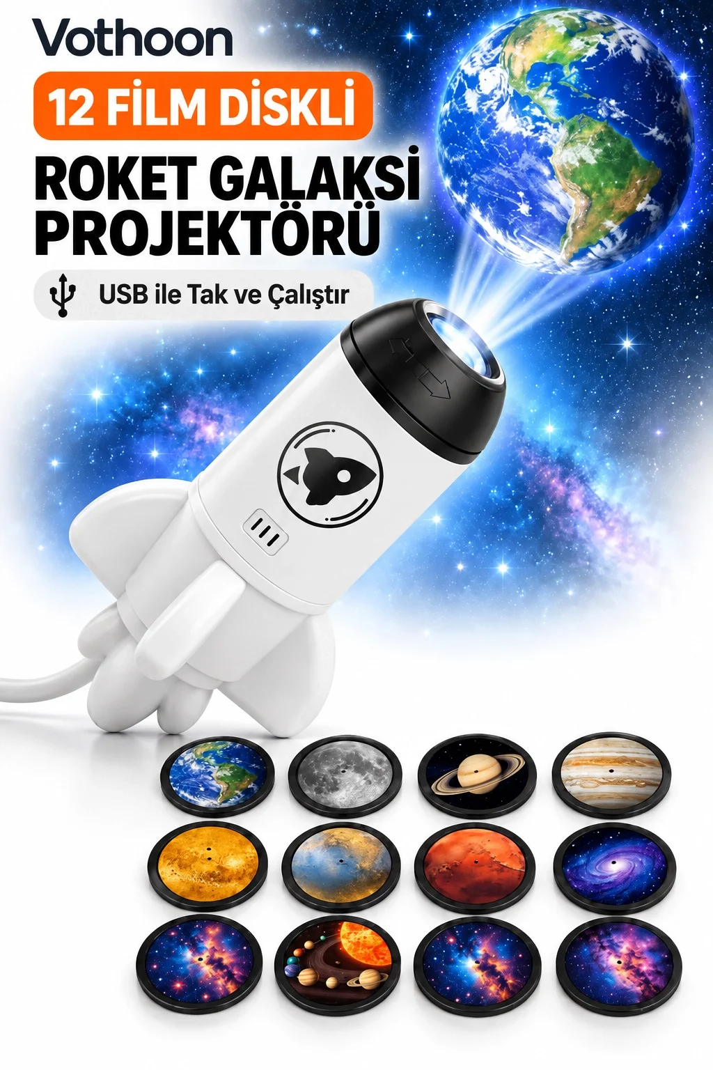 12 Film Diskli Roket Galaksi Projektörü USB Tak Çalıştır Uzay ve Gezegen Projeksiyon Gece Lambası