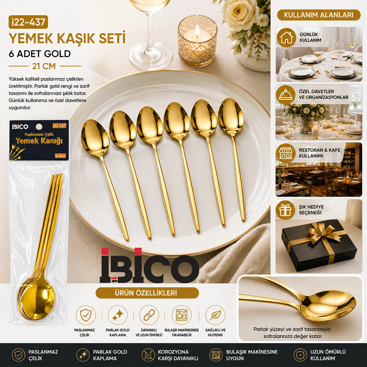 60 Parça Gold Yemek Kaşık Seti 21CM - 1 Paket İçinde 6 Adet Vardır - 10 Paket Gönderilir görsel 2
