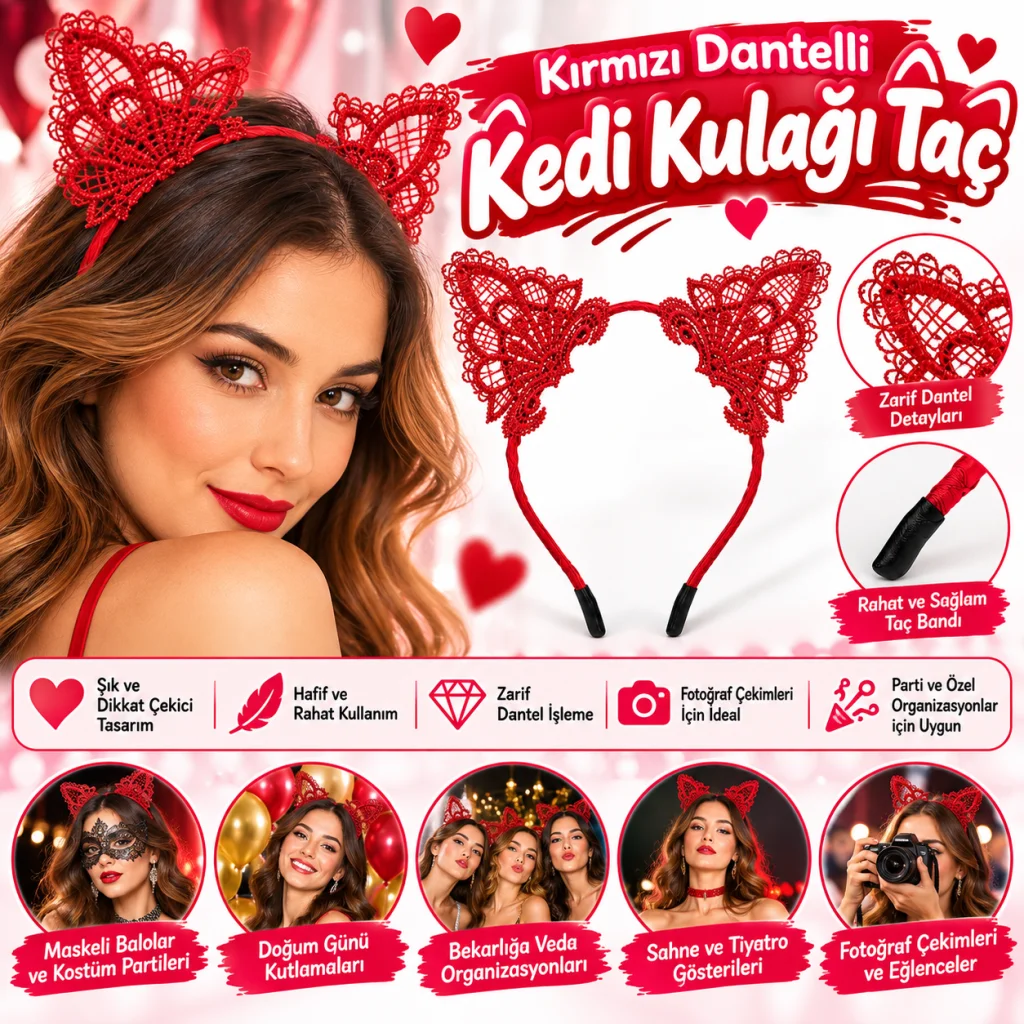 Kırmızı Dantelli Kedi Kulağı Taç – Parti ve Kostüm Aksesuarı