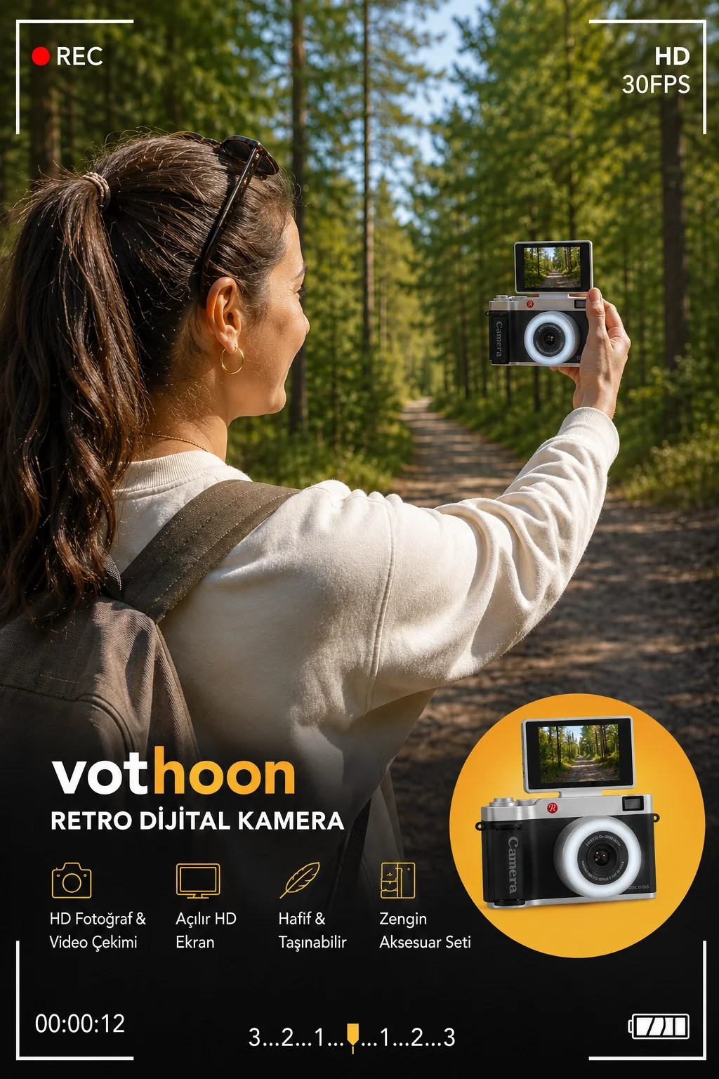 4K Çantalı Dijital Retro Video Kamera 48MP 16X Zoom Işıklı (32GB) Kart Dijital Fotoğraf Makinesi Mavi görsel 4