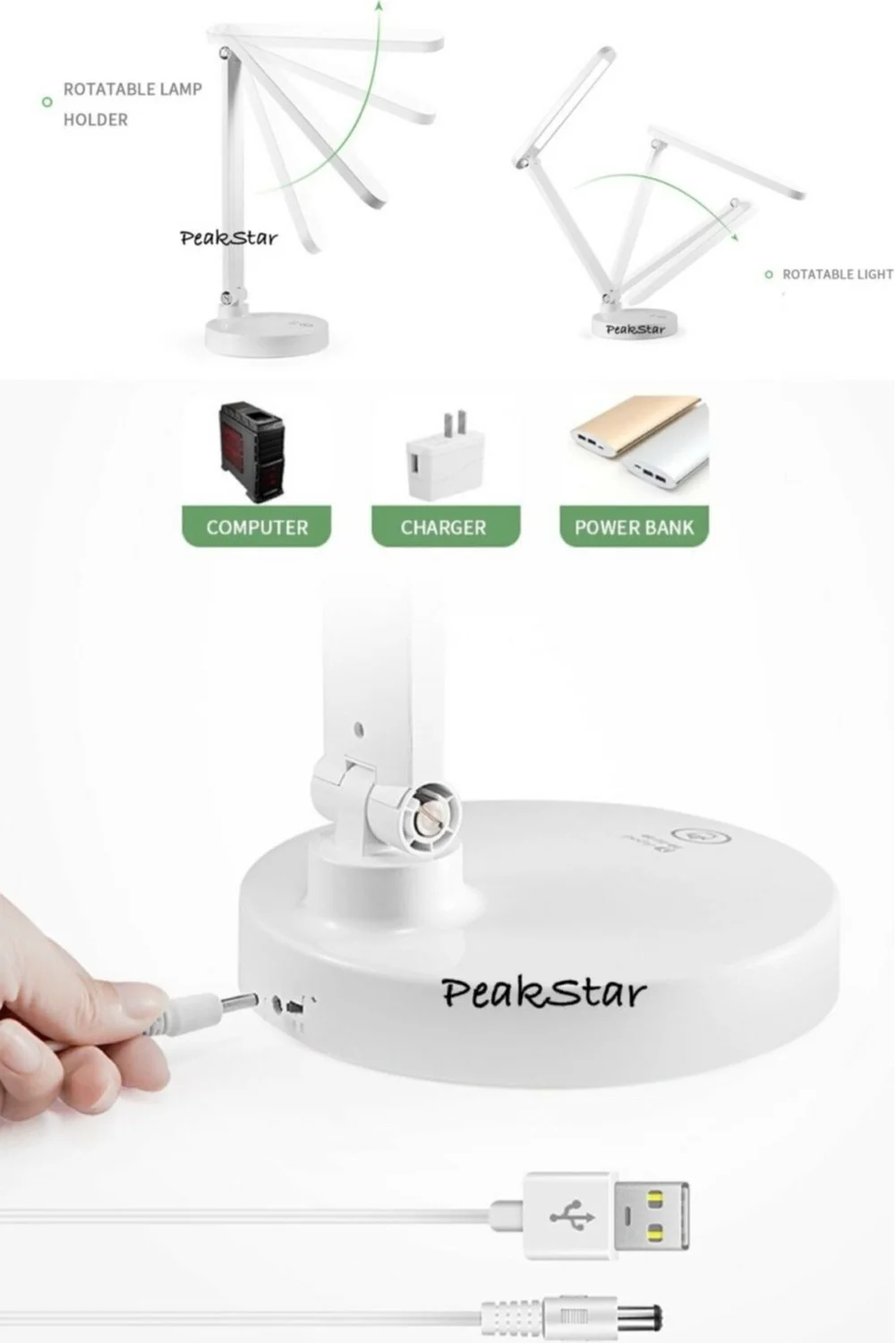 PS-1912 Şarjlı Dokunmatik LED Masa Lambası – 3 Renk Tonlu, Ayarlanabilir Parlaklık, USB Kablolu görsel 4