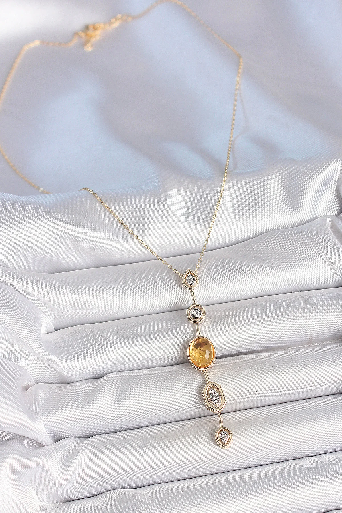 Pirinç Zincir Kehribar Sarı Gold Renk Zirkon Taşlı Y Kolye görsel 2