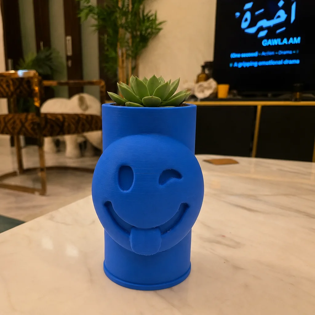 3D Baskı Emoji Planter - Göz Kırpan Yüzlü Sukulent Saksısı-Mavi görsel 2
