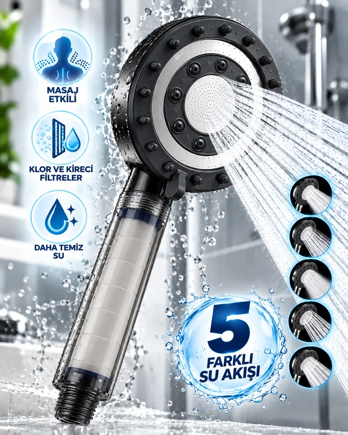 Masaj Etkili Filtreli Duş Başlığı 5 Fonksiyonlu Yağmur Sis Geniş Karışık Su Akışı