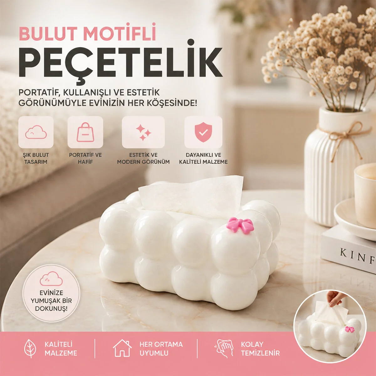 19X12.5X8.5CM Beyaz Yaylı Masaüstü Bubble Dekoratif Bulut Peçetelik